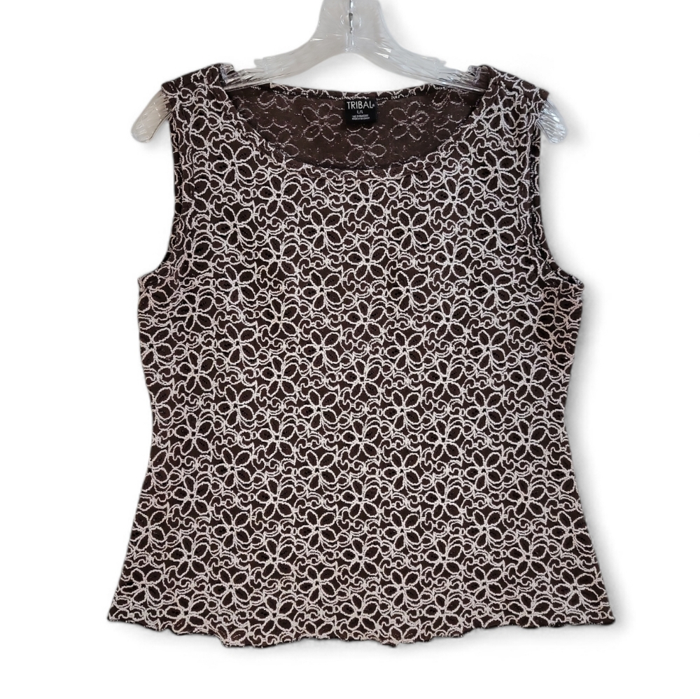 Tribal Brown‎ & White Embroidered Lace Tank Top Women's Large